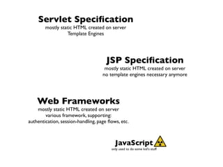 Servlet Speciﬁcation
        mostly static HTML created on server
                  Template Engines




                                      JSP Speciﬁcation
                                     mostly static HTML created on server
                                    no template engines necessary anymore




    Web Frameworks
    mostly static HTML created on server
        various framework, supporting:
authentication, session-handling, page ﬂows, etc.



                                          JavaScript
                                        only used to do some kid‘s stuff
 