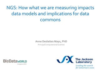 NGS: How what we are measuring impacts
data models and implications for data
commons
Anne Deslattes Mays, PhD
Principal Computational Scientist
 