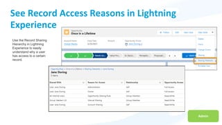 Admin
See Record Access Reasons in Lightning
Experience
Use the Record Sharing
Hierarchy in Lightning
Experience to easily
understand why a user
has access to a certain
record.
 