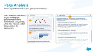 Page Analysis
Get a more accurate readout
of your record page’s
performance from the
Performance Analysis tool,
which now includes custom
components in its
assessment.
Improve Page Performance with Custom Lightning Component Analysis
 