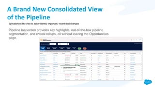 A Brand New Consolidated View
of the Pipeline
Pipeline Inspection provides key highlights, out-of-the-box pipeline
segmentation, and critical rollups, all without leaving the Opportunities
page.
Spreadsheet like view to easily identify important, recent deal changes
 