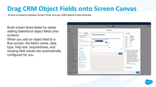 Drag CRM Object Fields onto Screen Canvas
Build screen flows faster by easily
adding Salesforce object fields onto
screens.
When you add an object field to a
flow screen, the field’s name, data
type, help text, requiredness, and
existing field values are automatically
configured for you.
Ensure consistency between Screen Flows and your CRM objects & field attributes
 