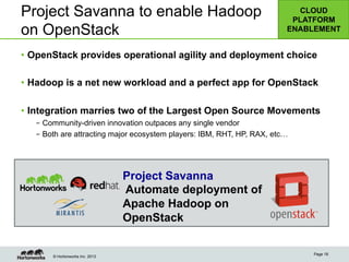© Hortonworks Inc. 2013
•  OpenStack provides operational agility and deployment choice
•  Hadoop is a net new workload and a perfect app for OpenStack
•  Integration marries two of the Largest Open Source Movements
–  Community-driven innovation outpaces any single vendor
–  Both are attracting major ecosystem players: IBM, RHT, HP, RAX, etc…
Page 18
Project Savanna to enable Hadoop
on OpenStack
CLOUD
PLATFORM
ENABLEMENT
Project Savanna
Automate deployment of
Apache Hadoop on
OpenStack
 