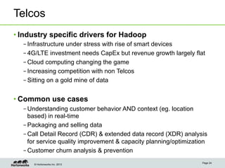 © Hortonworks Inc. 2013
Telcos
• Industry specific drivers for Hadoop
– Infrastructure under stress with rise of smart devices
– 4G/LTE investment needs CapEx but revenue growth largely flat
– Cloud computing changing the game
– Increasing competition with non Telcos
– Sitting on a gold mine of data
• Common use cases
– Understanding customer behavior AND context (eg. location
based) in real-time
– Packaging and selling data
– Call Detail Record (CDR) & extended data record (XDR) analysis
for service quality improvement & capacity planning/optimization
– Customer churn analysis & prevention
Page 24
 
