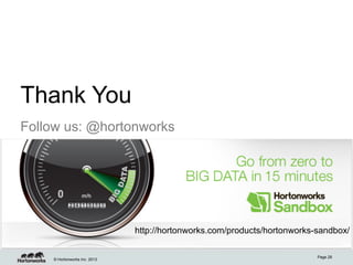 © Hortonworks Inc. 2013
Thank You
Follow us: @hortonworks
Page 28
http://hortonworks.com/products/hortonworks-sandbox/
 