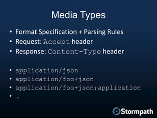 Media Types
• Format Specification + Parsing Rules
• Request: Accept header
• Response: Content-Type header
• application/...