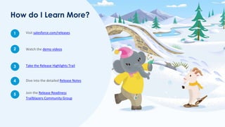 Visit salesforce.com/releases
Watch the demo videos
Take the Release Highlights Trail
Dive into the detailed Release Notes
Join the Release Readiness
Trailblazers Community Group
1
2
3
4
5
How do I Learn More?
 