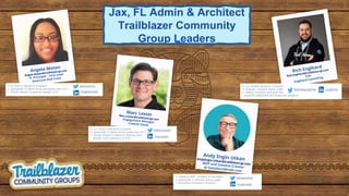 • 12+ Years in Salesforce Ecosystem
• Jacksonville, FL Admin Group Leader since 2017
• Florida Dreamin’ Conference Planning Team
Member since origination in 2018
/marclester
@MarcJLester
• 6+ Years in Salesforce Ecosystem
• Jacksonville, FL Admin Group participant since 2017
• Florida Dreamin’ Conference Speaker 2019 /angelamoten
@amoteninc
Jax, FL Admin & Architect
Trailblazer Community
Group Leaders
• 12x certified Salesforce Consultant
• Flownatic, Husband, Father, Golfer
• Helping companies automate their
processes saving time and money with Salesforce.
/englhard
@DevelopingFlow
• Salesforce MVP | Architect & Consultant
• Jacksonville, FL Architect Group Leader
• Dreamforce & Dreamin’ Presenter
/enginutkan
@enginutkan
 