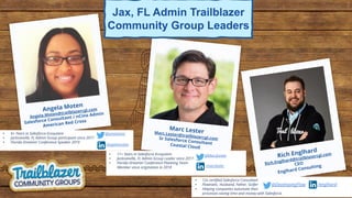 Marc Lester
Marc.Lester@trailblazercgl.com
Sr Salesforce Consultant
Coastal Cloud
• 11+ Years in Salesforce Ecosystem
• Jacksonville, FL Admin Group Leader since 2017
• Florida Dreamin’ Conference Planning Team
Member since origination in 2018 /marclester
@MarcJLester
Angela Moten
Angela.Moten@trailblazercgl.com
Salesforce Consultant / nCino Admin
American Red Cross
• 6+ Years in Salesforce Ecosystem
• Jacksonville, FL Admin Group participant since 2017
• Florida Dreamin’ Conference Speaker 2019
/angelamoten
@amoteninc
Rich Englhard
Rich.Englhard@trailblazercgl.com
CEO
Englhard Consulting
Jax, FL Admin Trailblazer
Community Group Leaders
• 12x certiﬁed Salesforce Consultant
• Flownatic, Husband, Father, Golfer
• Helping companies automate their
processes saving time and money with Salesforce.
/englhard
@DevelopingFlow
 