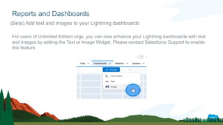 For users of Unlimited Edition orgs, you can now enhance your Lightning dashboards with text
and images by adding the Text or Image Widget. Please contact Salesforce Support to enable
this feature.
Reports and Dashboards
(Beta) Add text and images to your Lightning dashboards
 