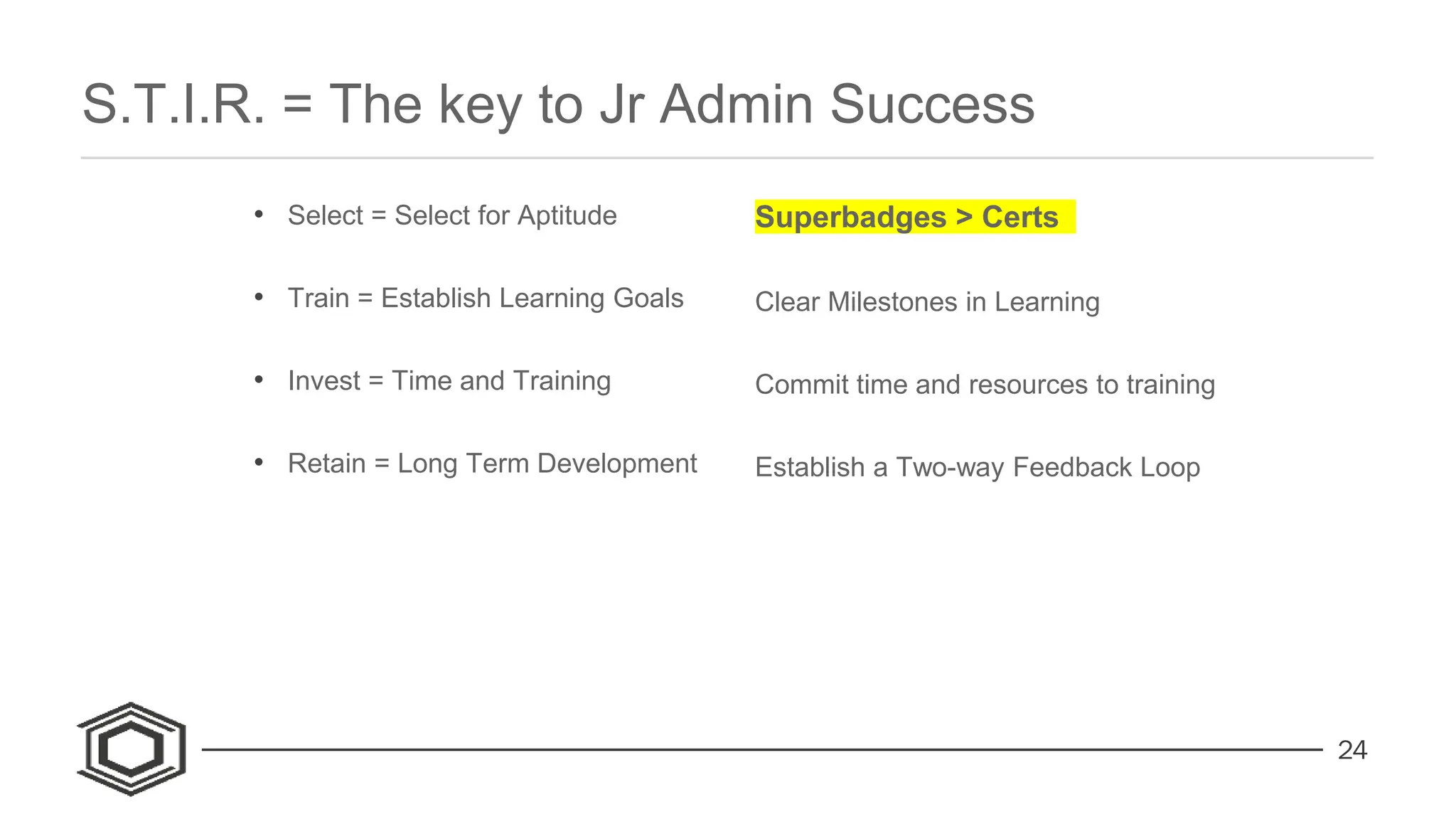 24
• Select = Select for Aptitude
• Train = Establish Learning Goals
• Invest = Time and Training
• Retain = Long Term Development
Superbadges > Certs
Clear Milestones in Learning
Commit time and resources to training
Establish a Two-way Feedback Loop
S.T.I.R. = The key to Jr Admin Success
 