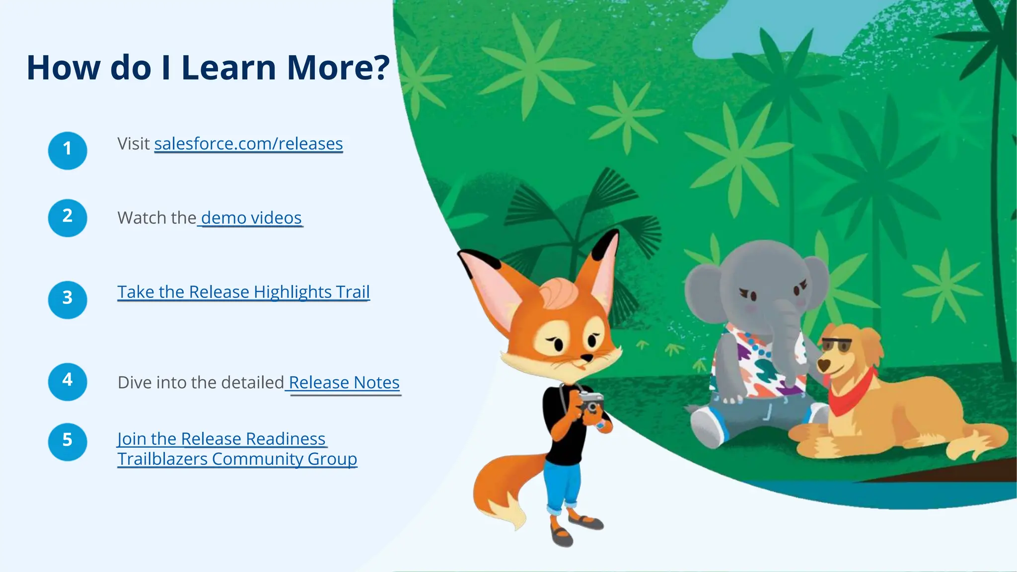 Watch the demo videos
Visit salesforce.com/releases
Join the Release Readiness
Trailblazers Community Group
Take the Release Highlights Trail
Dive into the detailed Release Notes
2
5
1
4
3
How do I Learn More?
 