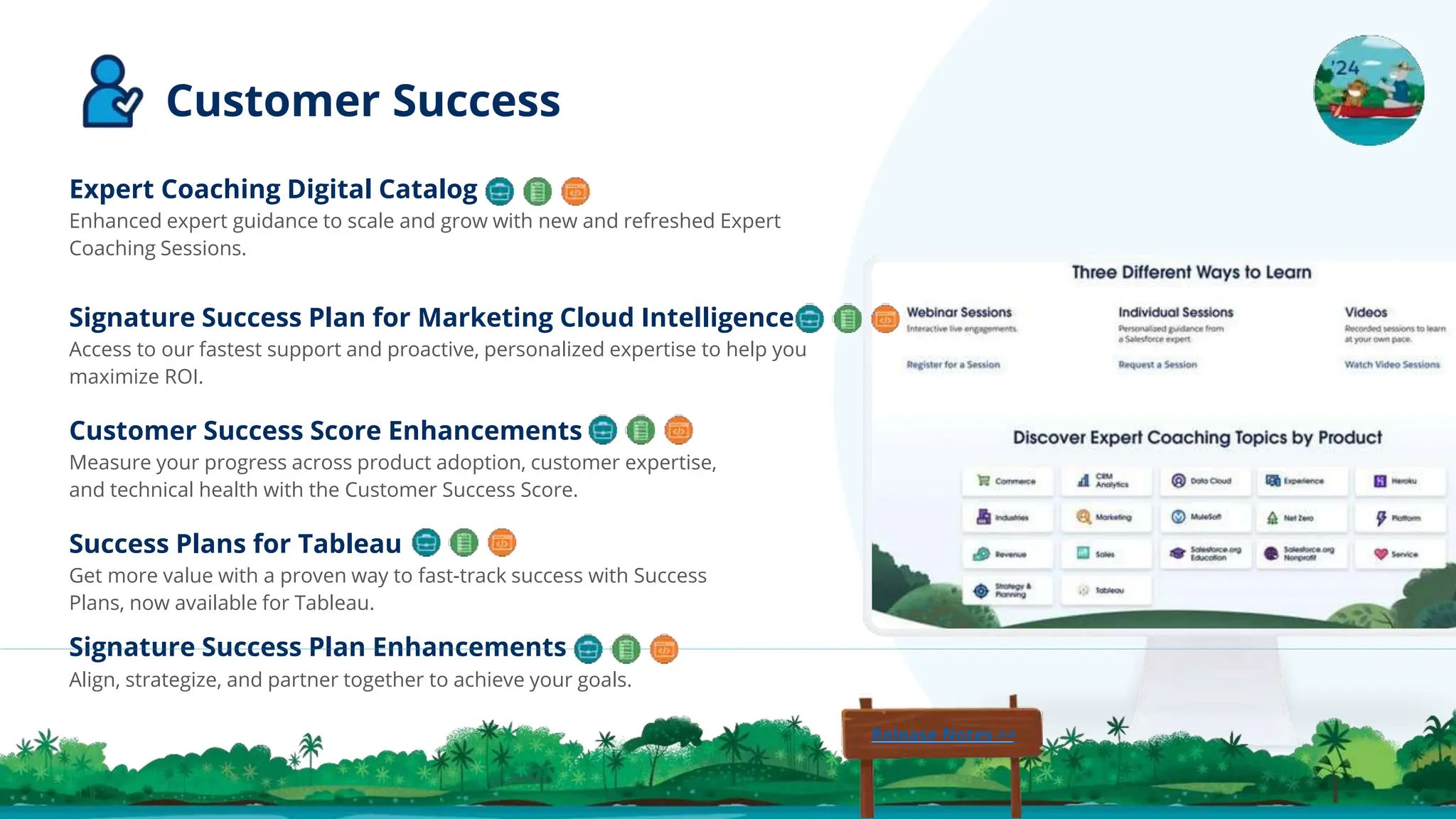 Success Plans for Tableau
Get more value with a proven way to fast-track success with Success
Plans, now available for Tableau.
Signature Success Plan Enhancements
Align, strategize, and partner together to achieve your goals.
Customer Success Score Enhancements
Measure your progress across product adoption, customer expertise,
and technical health with the Customer Success Score.
Signature Success Plan for Marketing Cloud Intelligence
Access to our fastest support and proactive, personalized expertise to help you
maximize ROI.
Expert Coaching Digital Catalog
Enhanced expert guidance to scale and grow with new and refreshed Expert
Coaching Sessions.
Customer Success
Release Notes >>
 