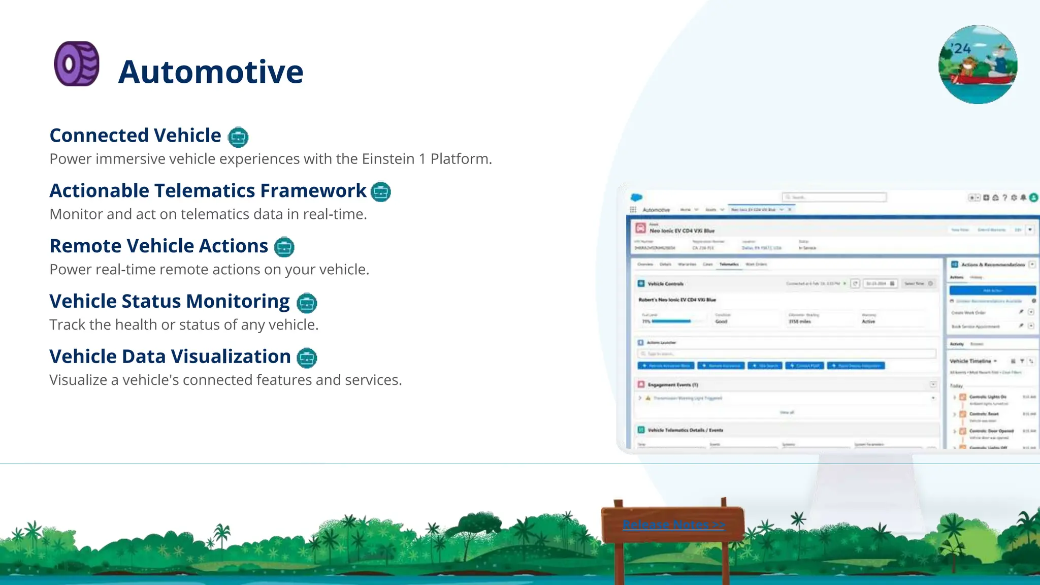 Connected Vehicle
Power immersive vehicle experiences with the Einstein 1 Platform.
Actionable Telematics Framework
Monitor and act on telematics data in real-time.
Remote Vehicle Actions
Power real-time remote actions on your vehicle.
Vehicle Status Monitoring
Track the health or status of any vehicle.
Vehicle Data Visualization
Visualize a vehicle's connected features and services.
Automotive
Release Notes >>
 
