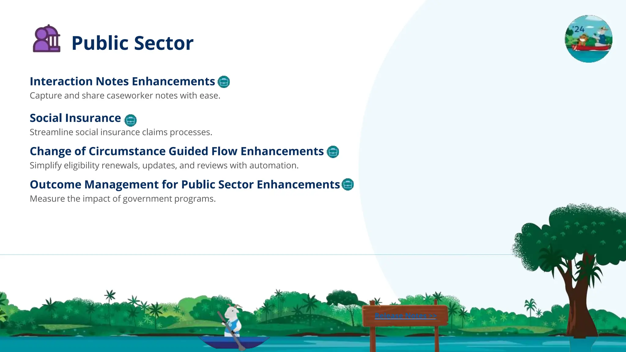 Social Insurance
Streamline social insurance claims processes.
Change of Circumstance Guided Flow Enhancements
Simplify eligibility renewals, updates, and reviews with automation.
Outcome Management for Public Sector Enhancements
Measure the impact of government programs.
Interaction Notes Enhancements
Capture and share caseworker notes with ease.
Public Sector
Release Notes >>
 