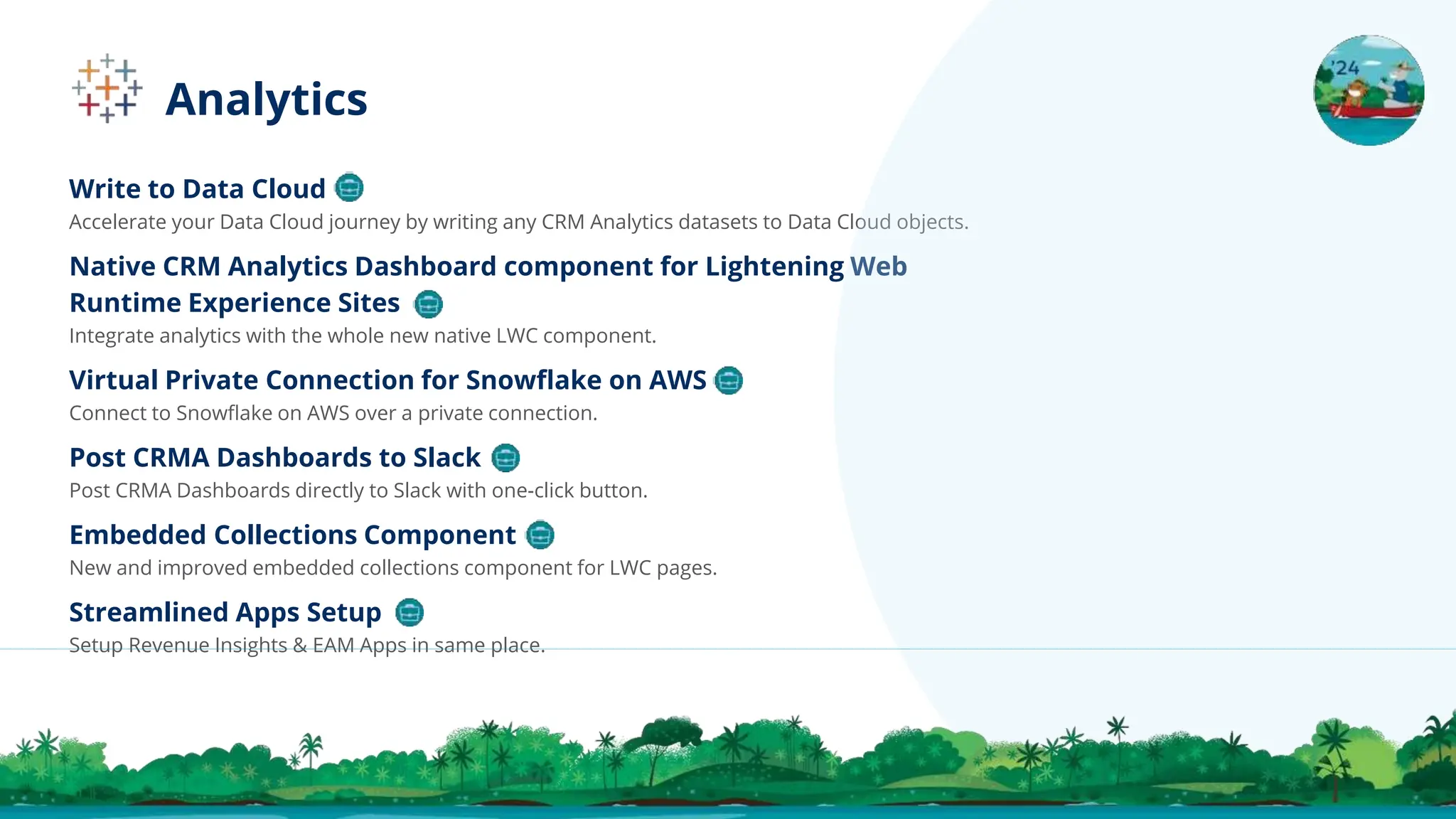 Write to Data Cloud
Accelerate your Data Cloud journey by writing any CRM Analytics datasets to Data Cloud objects.
Native CRM Analytics Dashboard component for Lightening Web
Runtime Experience Sites
Integrate analytics with the whole new native LWC component.
Virtual Private Connection for Snowﬂake on AWS
Connect to Snowﬂake on AWS over a private connection.
Post CRMA Dashboards to Slack
Post CRMA Dashboards directly to Slack with one-click button.
Embedded Collections Component
New and improved embedded collections component for LWC pages.
Streamlined Apps Setup
Setup Revenue Insights & EAM Apps in same place.
Analytics
 