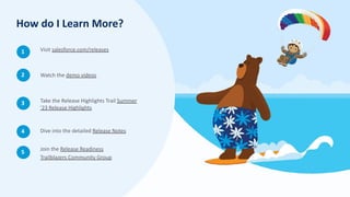 Visit salesforce.com/releases
Watch the demo videos
Take the Release Highlights Trail Summer
'23 Release Highlights
Dive into the detailed Release Notes
Join the Release Readiness
Trailblazers Community Group
1
2
3
4
5
How do I Learn More?
 