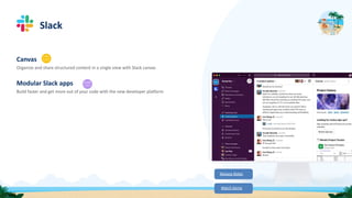 Slack
Release Notes
Watch Demo
Canvas
Organize and share structured content in a single view with Slack canvas
Modular Slack apps
Build faster and get more out of your code with the new developer platform
 