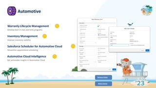 Automotive
Release Notes
Watch Demo
Warranty Lifecycle Management
Develop best-in-class warranty programs
Inventory Management
Improve inventory visibility
Salesforce Scheduler for Automotive Cloud
Streamline appointment scheduling
Automotive Cloud Intelligence
Get actionable insights in Automotive Cloud
 