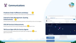Communications
Predictive Order Fulﬁllment and Delays
Predict Order jeopardy and Reduce Order fallout with AI-generated alerts
Enterprise Sales Management: Quoting
Enhancements
Enhance dynamic & iterative bulk quoting operations with guided journeys and messaging
CPQ API Services Enhancements
Enhance performance and scale by leveraging CPQ API's replicated in Core
TM Forum Open APIs for Service Agents
Improve service agent productivity and trouble ticket management with service
agent enhancements
Release Notes
Watch Demos
 