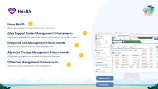 Health
Home Health
Deliver personalized and coordinated care in the home
Crisis Support Center Management Enhancements
Engage with empathy and urgency for optimal, whole-person care traﬃc control
Integrated Care Management Enhancements
Deliver holistic patient views for more equitable care
Advanced Therapy Management Enhancements
Orchestrate intelligent care programs for advanced therapies
Utilization Management Enhancements
Streamline prior authorizations with embedded AI
Release Notes
Watch Demo
 