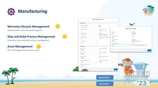 Manufacturing
Warranty Lifecycle Management
Develop best-in-class warranty programs
Ship and Debit Process Management
Streamline ship-and-debit process management
Asset Management
Get a 360 degree view of your assets
Release Notes
Watch Demo
 