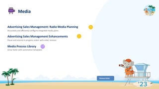 Media
Advertising Sales Management: Radio Media Planning
Accurately and eﬃciently conﬁgure integrated media plans
Advertising Sales Management Enhancements
Pause and amend in-progress orders with order revision
Media Process Library
Grow faster with automation templates
Release Notes
 