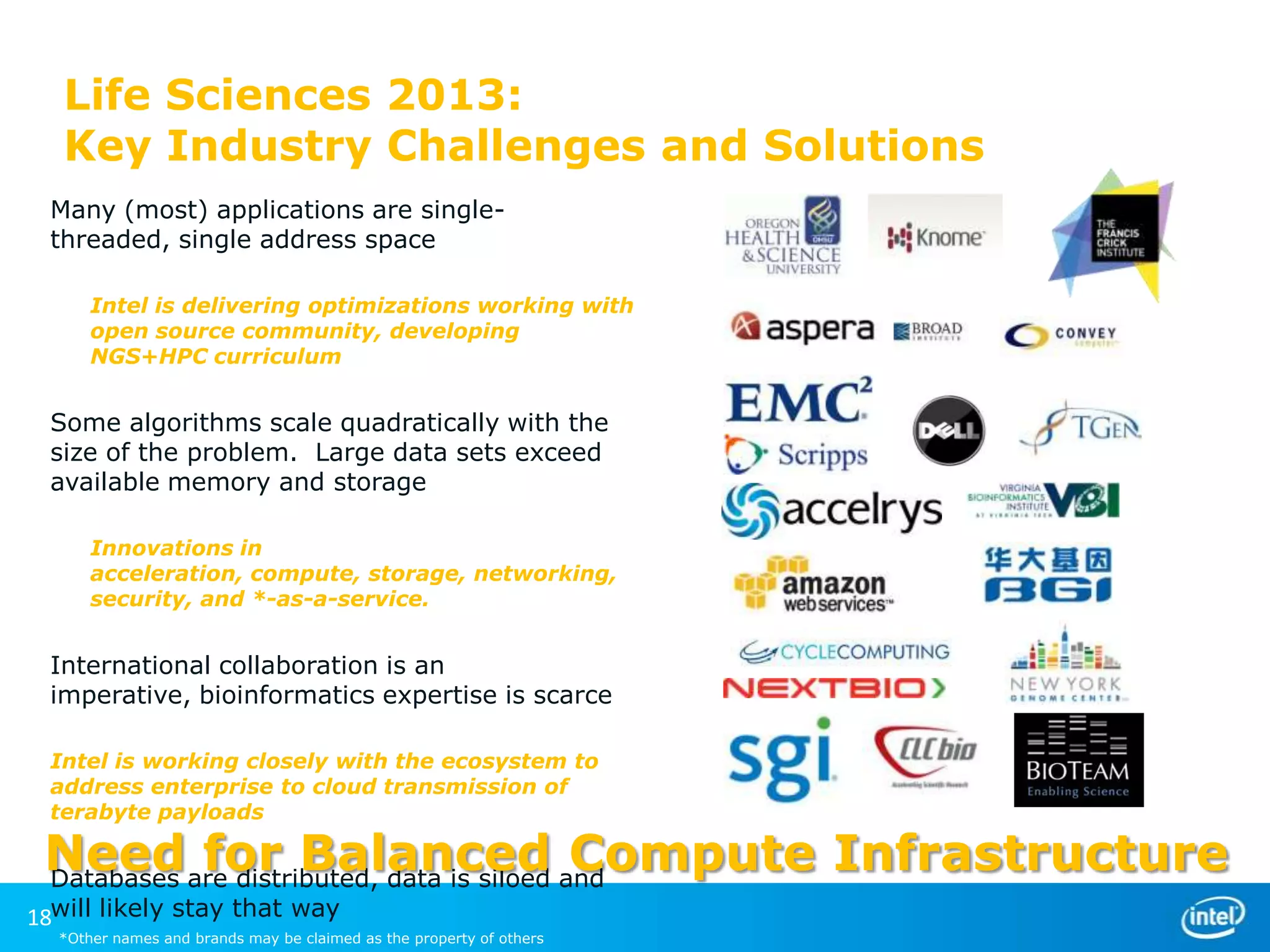 Life Sciences 2013:
Key Industry Challenges and Solutions
Many (most) applications are singlethreaded, single address space
Intel is delivering optimizations working with
open source community, developing
NGS+HPC curriculum

Some algorithms scale quadratically with the
size of the problem. Large data sets exceed
available memory and storage
Innovations in
acceleration, compute, storage, networking,
security, and *-as-a-service.

International collaboration is an
imperative, bioinformatics expertise is scarce
Intel is working closely with the ecosystem to
address enterprise to cloud transmission of
terabyte payloads

Need are distributed, data is siloed and
for Balanced Compute Infrastructure
Databases

18will likely stay that way

*Other names and brands may be claimed as the property of others

 