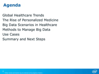 Agenda
Global Healthcare Trends
The Rise of Personalized Medicine
Big Data Scenarios in Healthcare
Methods to Manage Big Data
Use Cases
Summary and Next Steps

2

*Other names and brands may be claimed as the property of others

 