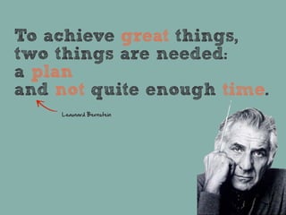To achieve great things,
two things are needed:
a plan
and not quite enough time.
    Leaonard  Bernstein
 