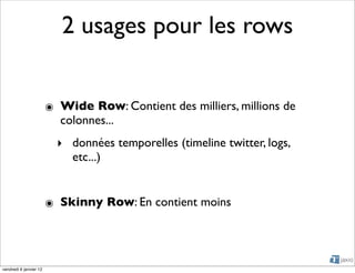 2 usages pour les rows


                        ๏ Wide Row: Contient des milliers, millions de
                          colonnes...
                          ‣ données temporelles (timeline twitter, logs,
                            etc...)


                        ๏ Skinny Row: En contient moins




vendredi 6 janvier 12
 