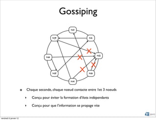 Gossiping
                                                         N0

                                              N7                     N1




                                                                    X
                                         N6
                                                              X            N2



                                                                       X
                                              N5
                                                               X     N3

                                                         N4


                        ๏   Chaque seconde, chaque noeud contacte entre 1et 3 noeuds

                            ‣   Conçu pour éviter la formation d’ilots indépendants

                            ‣   Conçu pour que l’information se propage vite


vendredi 6 janvier 12
 