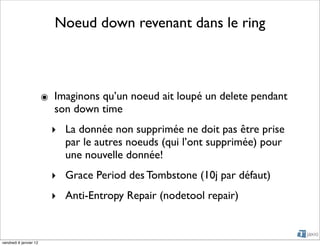Noeud down revenant dans le ring



                        ๏ Imaginons qu’un noeud ait loupé un delete pendant
                          son down time
                          ‣ La donnée non supprimée ne doit pas être prise
                            par le autres noeuds (qui l’ont supprimée) pour
                            une nouvelle donnée!
                          ‣ Grace Period des Tombstone (10j par défaut)
                          ‣ Anti-Entropy Repair (nodetool repair)


vendredi 6 janvier 12
 