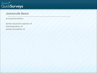 Jacksonville Beach
Survey general statistics
Number of questions exported: 10
Total Respondents: 41
Number of completes: 41
 