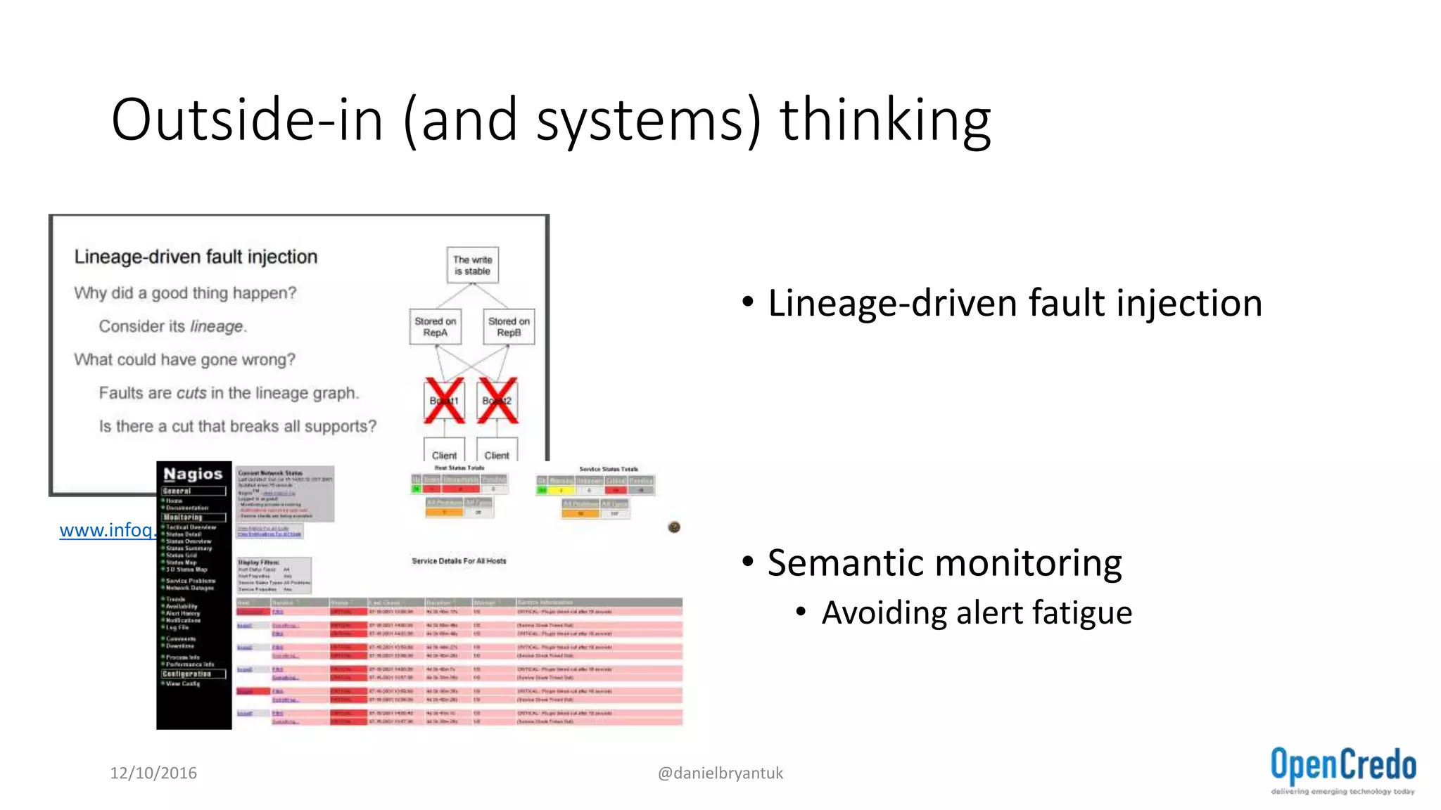 Outside-in (and systems) thinking
• Lineage-driven fault injection
• Semantic monitoring
• Avoiding alert fatigue
12/10/2016 @danielbryantuk
www.infoq.com/presentations/failure-test-research-netflix
 