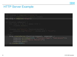 © 2015 IBM Corporation22
var cluster = require('cluster');
var cpus = require('os').cpus().length;
var http = require('http');
if (cluster.isMaster) {
for (var i = 0; i < cpus; i++) {
cluster.fork();
}
cluster.on('death', function(worker) {
console.log("Worker" + worker.pid + "died");
});
} else {
http.createServer(function(request, response) {
response.writeHead(200, {"Content-Type": "text/plain"});
response.write("Hello World!n");
response.end();
}).listen(8080);
}
HTTP Server Example
 