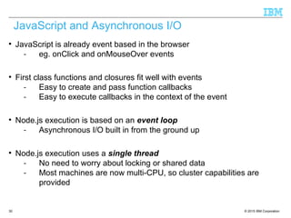 © 2015 IBM Corporation30

JavaScript is already event based in the browser
- eg. onClick and onMouseOver events

First class functions and closures fit well with events
- Easy to create and pass function callbacks
- Easy to execute callbacks in the context of the event

Node.js execution is based on an event loop
- Asynchronous I/O built in from the ground up

Node.js execution uses a single thread
- No need to worry about locking or shared data
- Most machines are now multi-CPU, so cluster capabilities are
provided
JavaScript and Asynchronous I/O
 