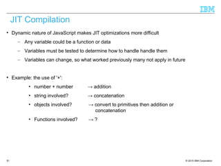 © 2015 IBM Corporation51

Dynamic nature of JavaScript makes JIT optimizations more difficult
– Any variable could be a function or data
– Variables must be tested to determine how to handle handle them
– Variables can change, so what worked previously many not apply in future

Example: the use of '+':
• number + number → addition
• string involved? → concatenation
• objects involved? → convert to primitives then addition or
concatenation
• Functions involved? → ?
JIT Compilation
 