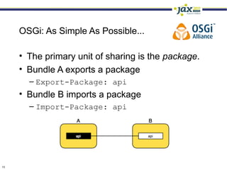 OSGi: As Simple As Possible...

     • The primary unit of sharing is the package.
     • Bundle A exports a package
       – Export-Package: api
     • Bundle B imports a package
       – Import-Package: api




11
 