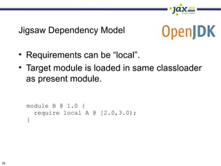 Jigsaw Dependency Model

     • Requirements can be “local”.
     • Target module is loaded in same classloader
       as present module.

      module B @ 1.0 {
        require local A @ [2.0,3.0);
      }




28
 