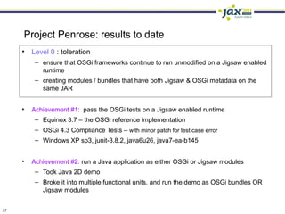 Project Penrose: results to date
     • Level 0 : toleration
          – ensure that OSGi frameworks continue to run unmodified on a Jigsaw enabled
            runtime
          – creating modules / bundles that have both Jigsaw & OSGi metadata on the
            same JAR


     •   Achievement #1: pass the OSGi tests on a Jigsaw enabled runtime
          – Equinox 3.7 – the OSGi reference implementation
          – OSGi 4.3 Compliance Tests – with minor patch for test case error
          – Windows XP sp3, junit-3.8.2, java6u26, java7-ea-b145


     •   Achievement #2: run a Java application as either OSGi or Jigsaw modules
          – Took Java 2D demo
          – Broke it into multiple functional units, and run the demo as OSGi bundles OR
            Jigsaw modules


37
 
