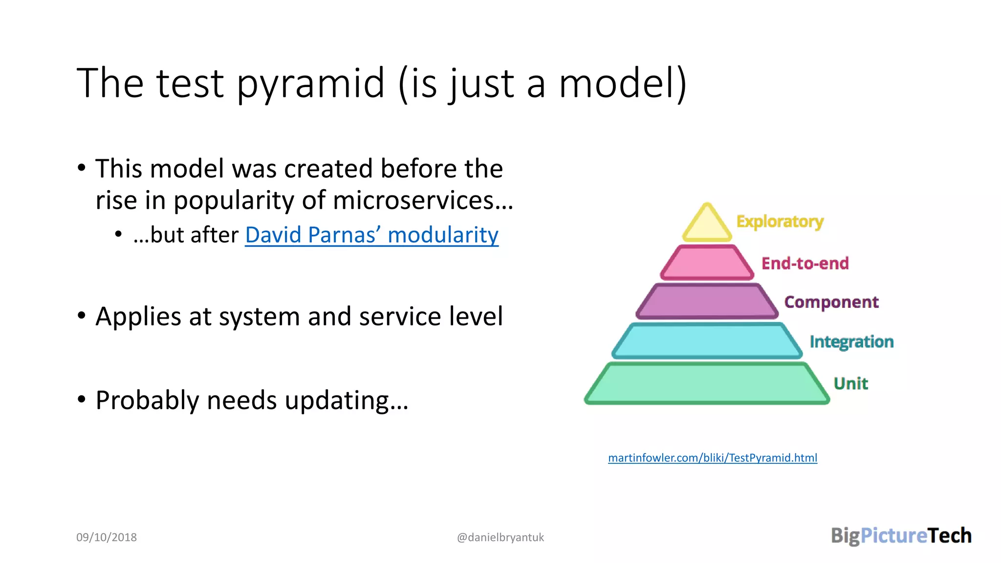 The test pyramid (is just a model)
• This model was created before the
rise in popularity of microservices…
• …but after David Parnas’ modularity
• Applies at system and service level
• Probably needs updating…
09/10/2018 @danielbryantuk
martinfowler.com/bliki/TestPyramid.html
 