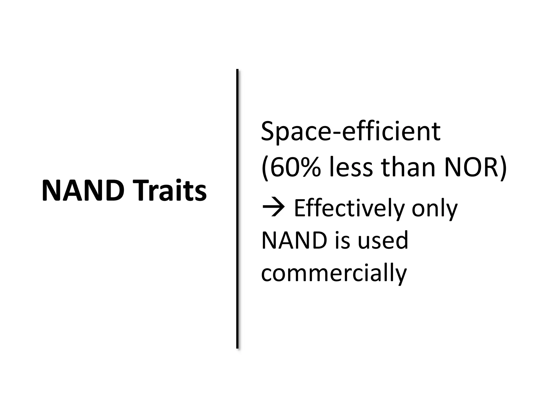 NAND Traits 
Space-efficient 
(60% less than NOR) 
 Effectively only 
NAND is used 
commercially 
 