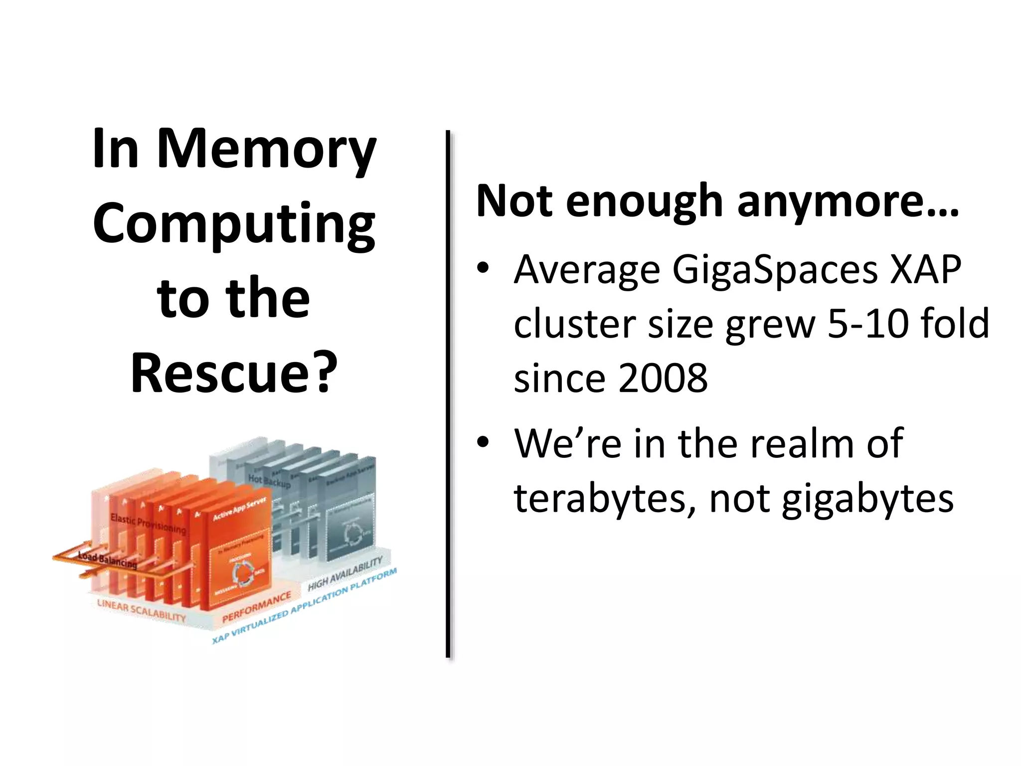 In Memory 
Computing 
to the 
Rescue? 
Not enough anymore… 
• Average GigaSpaces XAP 
cluster size grew 5-10 fold 
since 2008 
• We’re in the realm of 
terabytes, not gigabytes 
 