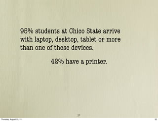 95% students at Chico State arrive
with laptop, desktop, tablet or more
than one of these devices.
42% have a printer.
32
...