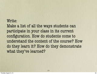 Write:
Make a list of all the ways students can
participate in your class in its current
conﬁguration. How do students com...