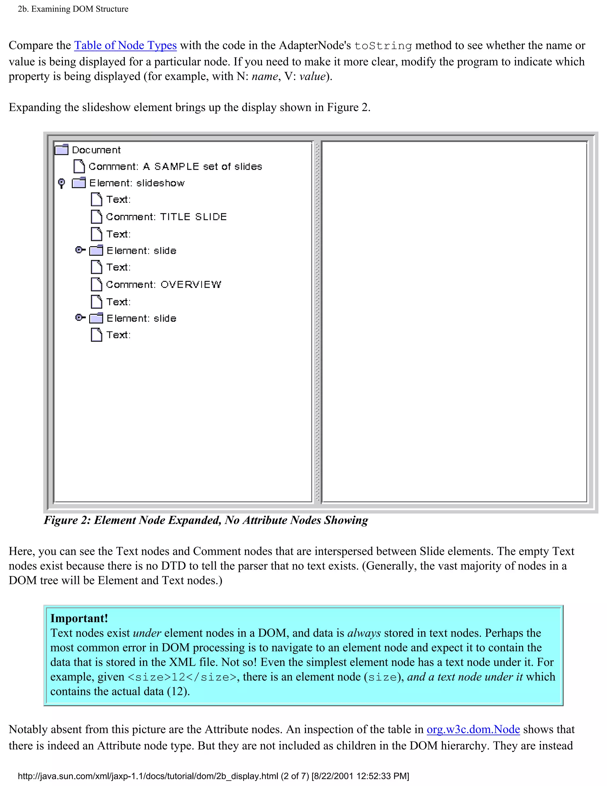 2b. Examining DOM Structure



Compare the Table of Node Types with the code in the AdapterNode's toString method to see whether the name or
value is being displayed for a particular node. If you need to make it more clear, modify the program to indicate which
property is being displayed (for example, with N: name, V: value).

Expanding the slideshow element brings up the display shown in Figure 2.




       Figure 2: Element Node Expanded, No Attribute Nodes Showing

Here, you can see the Text nodes and Comment nodes that are interspersed between Slide elements. The empty Text
nodes exist because there is no DTD to tell the parser that no text exists. (Generally, the vast majority of nodes in a
DOM tree will be Element and Text nodes.)


         Important!
         Text nodes exist under element nodes in a DOM, and data is always stored in text nodes. Perhaps the
         most common error in DOM processing is to navigate to an element node and expect it to contain the
         data that is stored in the XML file. Not so! Even the simplest element node has a text node under it. For
         example, given <size>12</size>, there is an element node (size), and a text node under it which
         contains the actual data (12).


Notably absent from this picture are the Attribute nodes. An inspection of the table in org.w3c.dom.Node shows that
there is indeed an Attribute node type. But they are not included as children in the DOM hierarchy. They are instead

 http://java.sun.com/xml/jaxp-1.1/docs/tutorial/dom/2b_display.html (2 of 7) [8/22/2001 12:52:33 PM]
 
