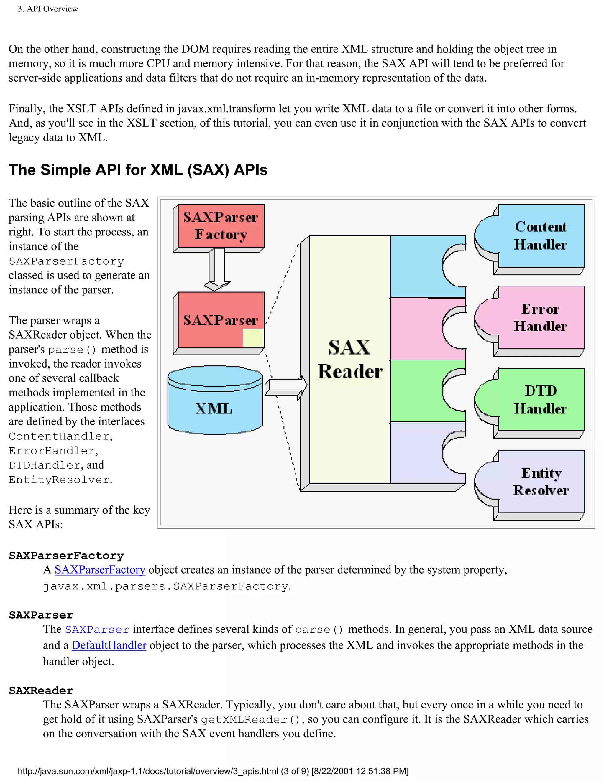 3. API Overview



On the other hand, constructing the DOM requires reading the entire XML structure and holding the object tree in
memory, so it is much more CPU and memory intensive. For that reason, the SAX API will tend to be preferred for
server-side applications and data filters that do not require an in-memory representation of the data.

Finally, the XSLT APIs defined in javax.xml.transform let you write XML data to a file or convert it into other forms.
And, as you'll see in the XSLT section, of this tutorial, you can even use it in conjunction with the SAX APIs to convert
legacy data to XML.

The Simple API for XML (SAX) APIs

The basic outline of the SAX
parsing APIs are shown at
right. To start the process, an
instance of the
SAXParserFactory
classed is used to generate an
instance of the parser.

The parser wraps a
SAXReader object. When the
parser's parse() method is
invoked, the reader invokes
one of several callback
methods implemented in the
application. Those methods
are defined by the interfaces
ContentHandler,
ErrorHandler,
DTDHandler, and
EntityResolver.

Here is a summary of the key
SAX APIs:

SAXParserFactory
     A SAXParserFactory object creates an instance of the parser determined by the system property,
     javax.xml.parsers.SAXParserFactory.

SAXParser
     The SAXParser interface defines several kinds of parse() methods. In general, you pass an XML data source
     and a DefaultHandler object to the parser, which processes the XML and invokes the appropriate methods in the
     handler object.

SAXReader
     The SAXParser wraps a SAXReader. Typically, you don't care about that, but every once in a while you need to
     get hold of it using SAXParser's getXMLReader(), so you can configure it. It is the SAXReader which carries
     on the conversation with the SAX event handlers you define.


  http://java.sun.com/xml/jaxp-1.1/docs/tutorial/overview/3_apis.html (3 of 9) [8/22/2001 12:51:38 PM]
 
