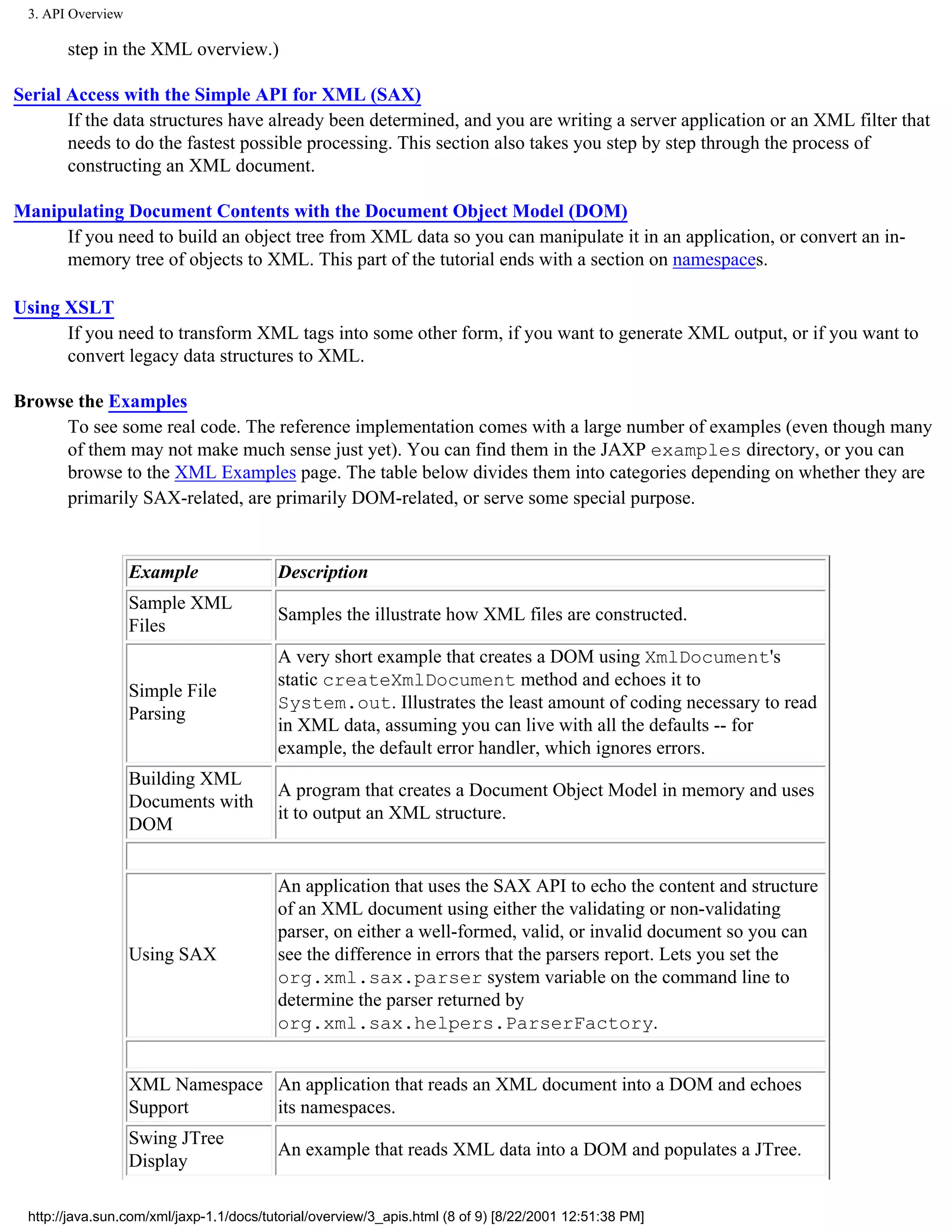 3. API Overview

       step in the XML overview.)

Serial Access with the Simple API for XML (SAX)
       If the data structures have already been determined, and you are writing a server application or an XML filter that
       needs to do the fastest possible processing. This section also takes you step by step through the process of
       constructing an XML document.

Manipulating Document Contents with the Document Object Model (DOM)
     If you need to build an object tree from XML data so you can manipulate it in an application, or convert an in-
     memory tree of objects to XML. This part of the tutorial ends with a section on namespaces.

Using XSLT
      If you need to transform XML tags into some other form, if you want to generate XML output, or if you want to
      convert legacy data structures to XML.

Browse the Examples
     To see some real code. The reference implementation comes with a large number of examples (even though many
     of them may not make much sense just yet). You can find them in the JAXP examples directory, or you can
     browse to the XML Examples page. The table below divides them into categories depending on whether they are
     primarily SAX-related, are primarily DOM-related, or serve some special purpose.


                   Example               Description
                   Sample XML
                                         Samples the illustrate how XML files are constructed.
                   Files
                                         A very short example that creates a DOM using XmlDocument's
                                         static createXmlDocument method and echoes it to
                   Simple File
                                         System.out. Illustrates the least amount of coding necessary to read
                   Parsing
                                         in XML data, assuming you can live with all the defaults -- for
                                         example, the default error handler, which ignores errors.
                   Building XML
                                         A program that creates a Document Object Model in memory and uses
                   Documents with
                                         it to output an XML structure.
                   DOM


                                         An application that uses the SAX API to echo the content and structure
                                         of an XML document using either the validating or non-validating
                                         parser, on either a well-formed, valid, or invalid document so you can
                   Using SAX             see the difference in errors that the parsers report. Lets you set the
                                         org.xml.sax.parser system variable on the command line to
                                         determine the parser returned by
                                         org.xml.sax.helpers.ParserFactory.


                   XML Namespace An application that reads an XML document into a DOM and echoes
                   Support       its namespaces.
                   Swing JTree
                                         An example that reads XML data into a DOM and populates a JTree.
                   Display

 http://java.sun.com/xml/jaxp-1.1/docs/tutorial/overview/3_apis.html (8 of 9) [8/22/2001 12:51:38 PM]
 