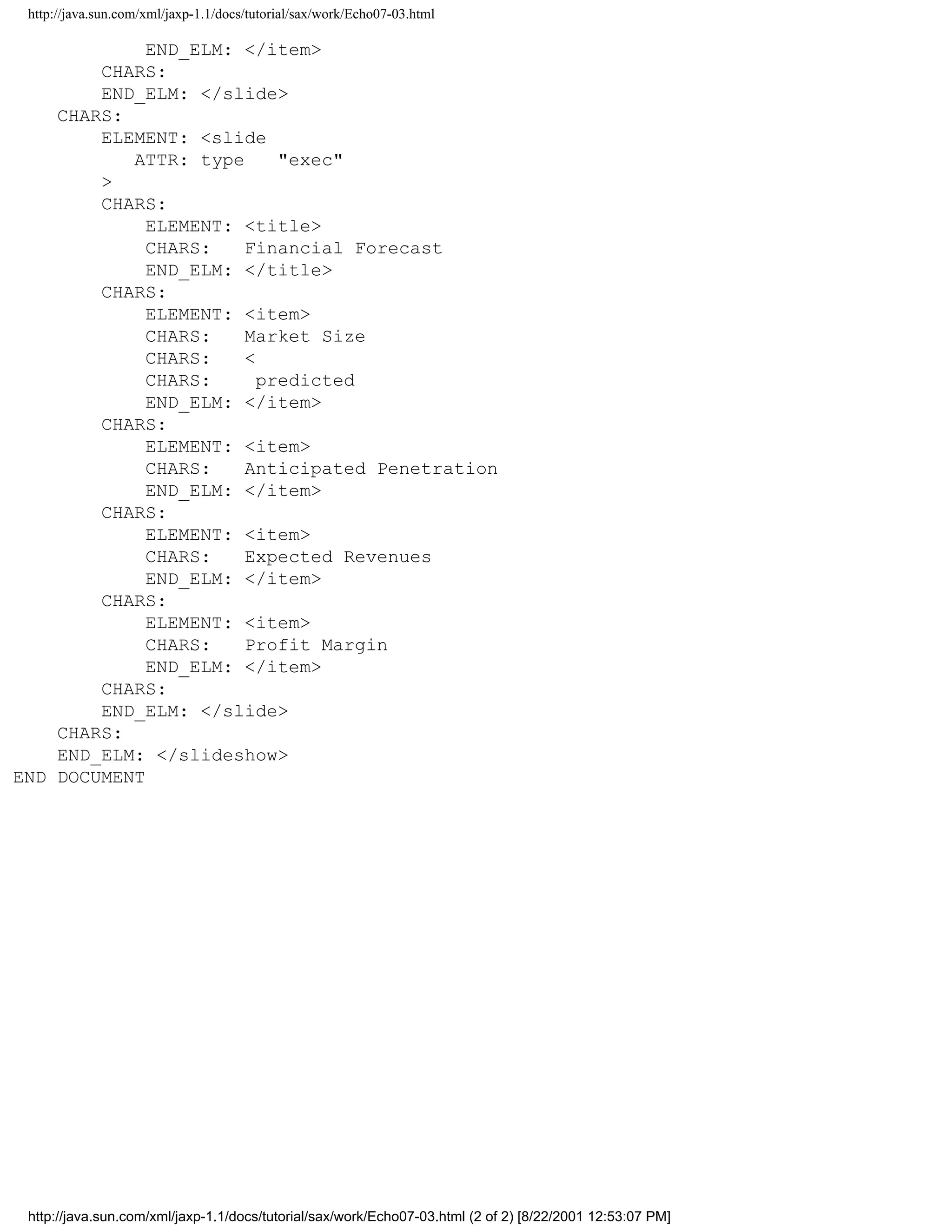 http://java.sun.com/xml/jaxp-1.1/docs/tutorial/sax/work/Echo07-03.html

             END_ELM: </item>
        CHARS:
        END_ELM: </slide>
    CHARS:
        ELEMENT: <slide
           ATTR: type     "exec"
        >
        CHARS:
             ELEMENT: <title>
             CHARS:   Financial Forecast
             END_ELM: </title>
        CHARS:
             ELEMENT: <item>
             CHARS:   Market Size
             CHARS:   <
             CHARS:     predicted
             END_ELM: </item>
        CHARS:
             ELEMENT: <item>
             CHARS:   Anticipated Penetration
             END_ELM: </item>
        CHARS:
             ELEMENT: <item>
             CHARS:   Expected Revenues
             END_ELM: </item>
        CHARS:
             ELEMENT: <item>
             CHARS:   Profit Margin
             END_ELM: </item>
        CHARS:
        END_ELM: </slide>
    CHARS:
    END_ELM: </slideshow>
END DOCUMENT




 http://java.sun.com/xml/jaxp-1.1/docs/tutorial/sax/work/Echo07-03.html (2 of 2) [8/22/2001 12:53:07 PM]
 